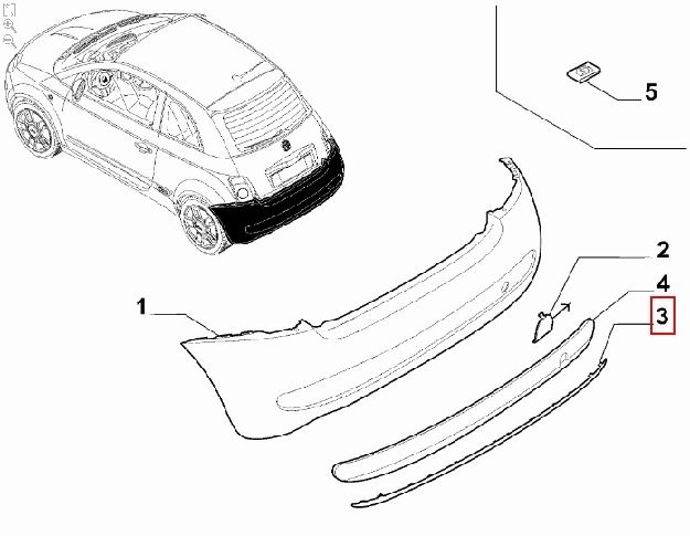 Afbeeldingen van FIAT 500 2007-2015 ZONDER CHROME KIT, SIERLIJST ACHTERBUMPER ZWART ORIGINEEL