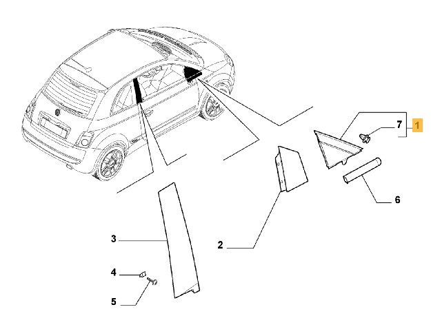 Afbeeldingen van FIAT 500, KAPJE A-STIJL PASSAGIERSZIJDE GLANZEND ZWART ORIGINEEL